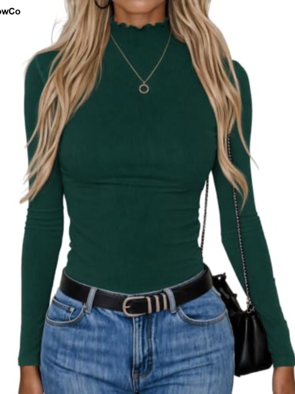 Long Sleeve Mock Neck Ribbed Slim Fit Lettuce Trim Top